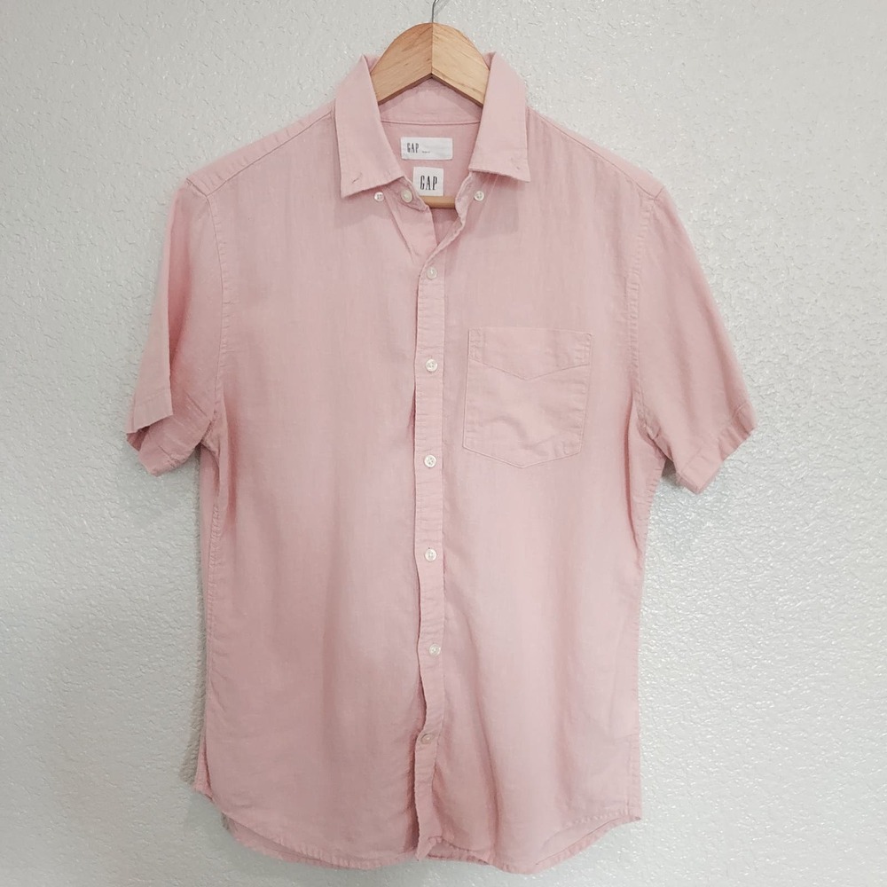 Gap Pink Short Sleeve Slim Fit Linen Blend Button Down Size S